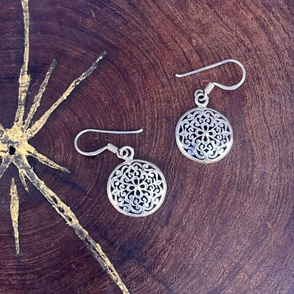 Filigree Mandala dangle Earrings Sterling silver scroll - Picture 1 of 5